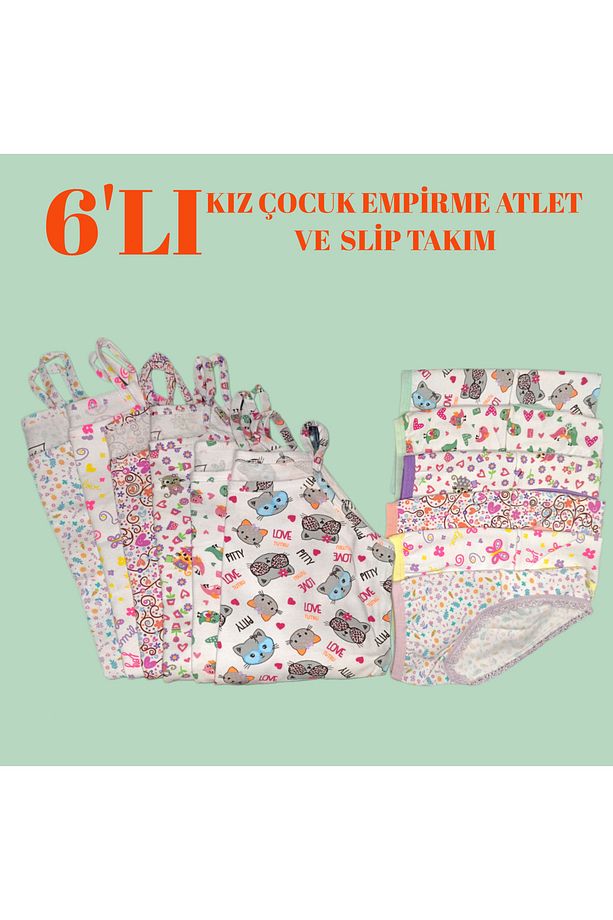 Kaliteli Pamuklu Kız Çocuk 6'lı İp Askı Empirme Atlet Ve Empirme Slip Takım - 1