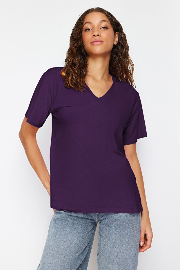 Mor %100 Pamuk Oversize/Geniş Kalıp V Yaka Örme T-Shirt TWOSS23TS00003 - 1