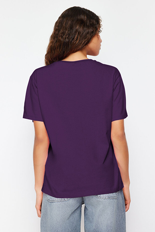 Mor %100 Pamuk Oversize/Geniş Kalıp V Yaka Örme T-Shirt TWOSS23TS00003 - 5