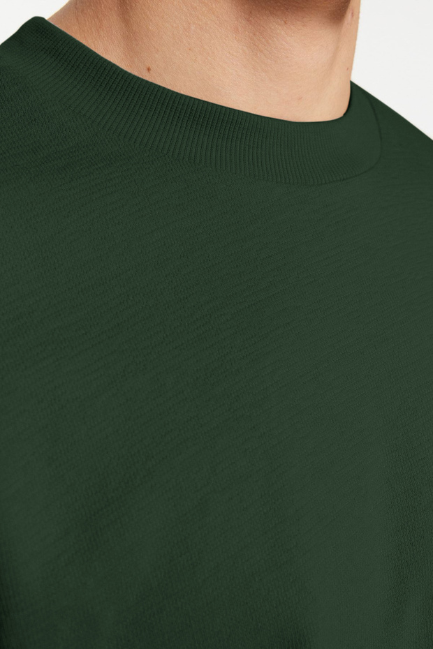 Haki Oversize/Geniş Kesim Etiket İşlemeli Dokulu Tok Kumaş T-shirt TMNSS23TS00074 - 4