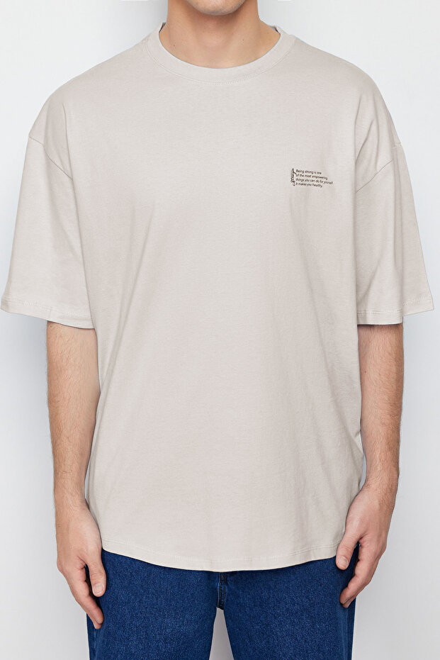 Taş Oversize %100 Pamuklu Bisiklet Yaka Minimal Yazı Baskılı Tok Kumaş T-shirt TMNSS23TS00084 - 6