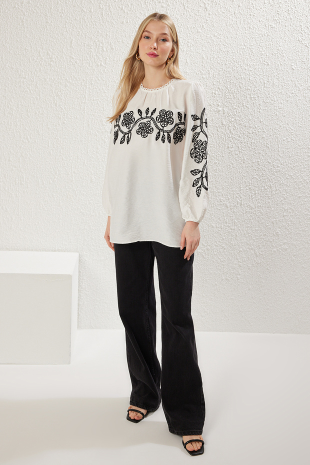 Ekru Nakış Detaylı Dokuma Tunik TCTSS25UK00009 - 1