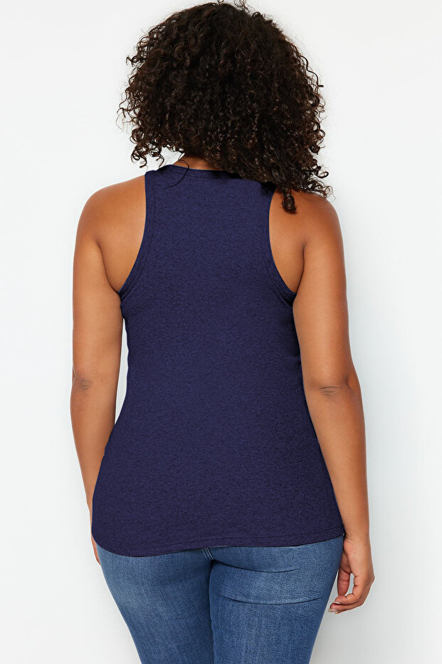 Mavi Halter Yaka Pamuklu Fitted/Vücuda Oturan Basic Örme Atlet TBBSS23CV00001 - 8
