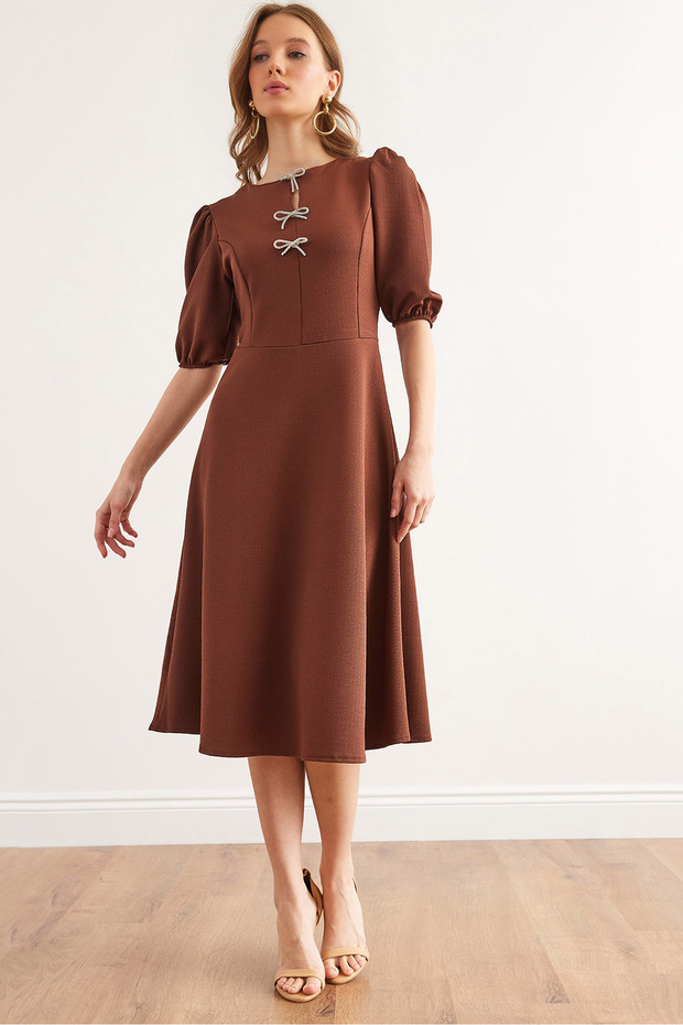 Women's Brown Bow Detail Midi Knitted Dress Elb- 19002341