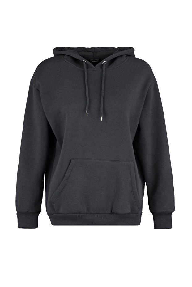Antrasit Kanguru Cepli Kapüşonlu Boyfriend Şardonlu Örme Kalın Sweatshirt - 10