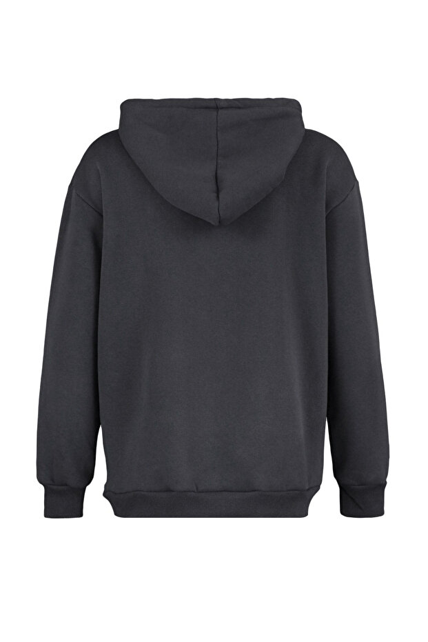 Antrasit Kanguru Cepli Kapüşonlu Boyfriend Şardonlu Örme Kalın Sweatshirt - 8