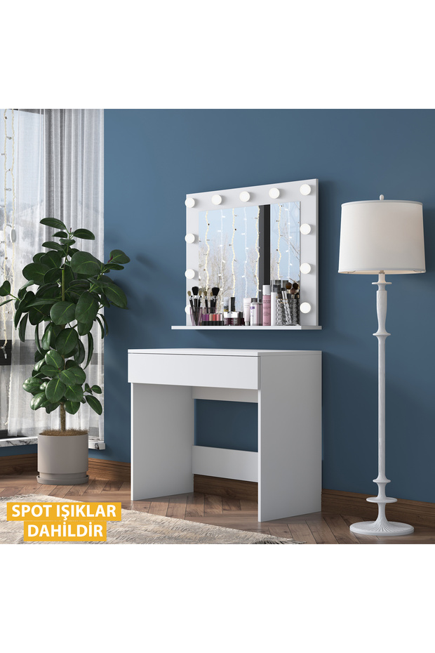Rani BJ120 Hollywood Işıklı Aynalı Kulis Makyaj Masası Takı Düzenleyici Beyaz - 6