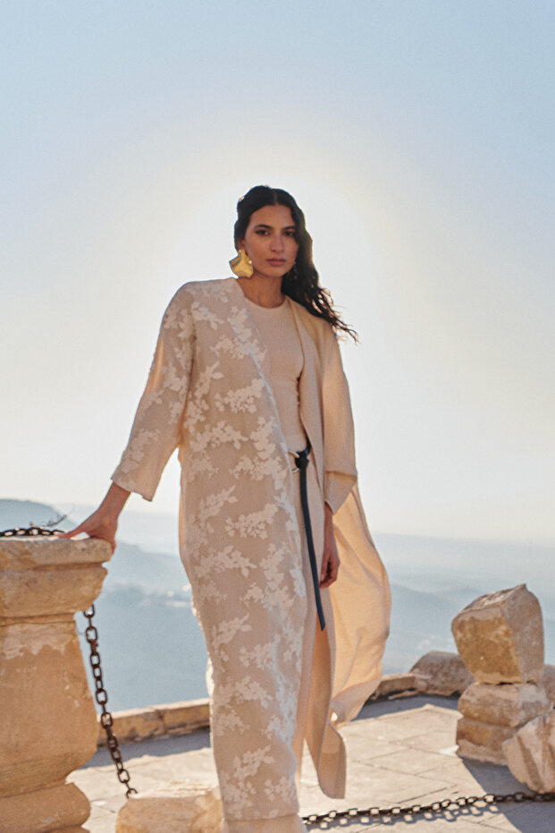 Taş Organze Detaylı Çiçekli Dokuma Kap & Ferace & Kimono TCTSS25KF00001 - 5