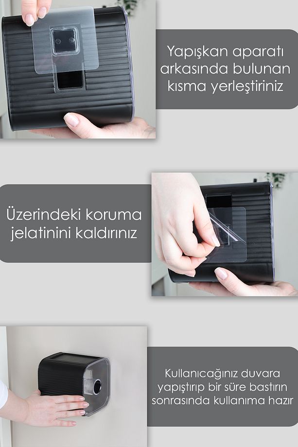 Yapışkanlı Kapalı Tuvalet Kağıtlığı - Plastik Banyo Wc Tuvalet Kağıtlık Raflı Peçetelik Siyah - 3