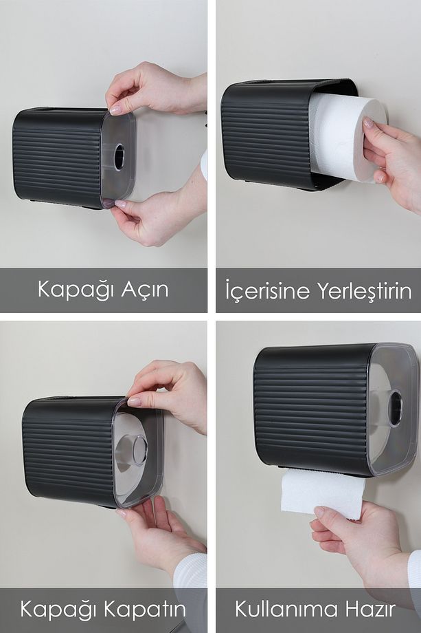 Yapışkanlı Kapalı Tuvalet Kağıtlığı - Plastik Banyo Wc Tuvalet Kağıtlık Raflı Peçetelik Siyah - 5