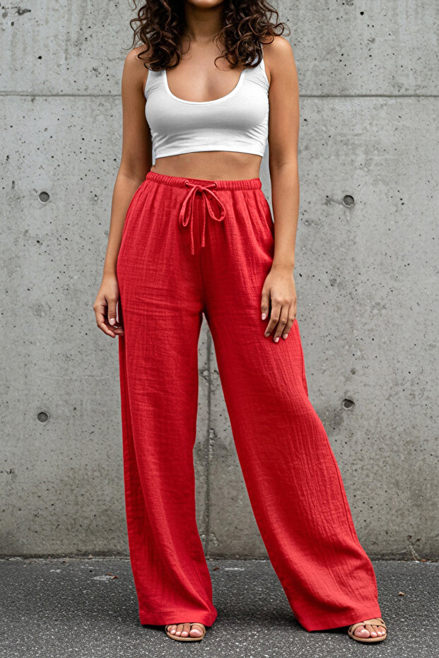 Koyu Kırmızı Müslin Beli Lastikli İnce Kumaş Wide Leg/Geniş Paça Dokuma Pantolon TWOSS25PL00067 - 2