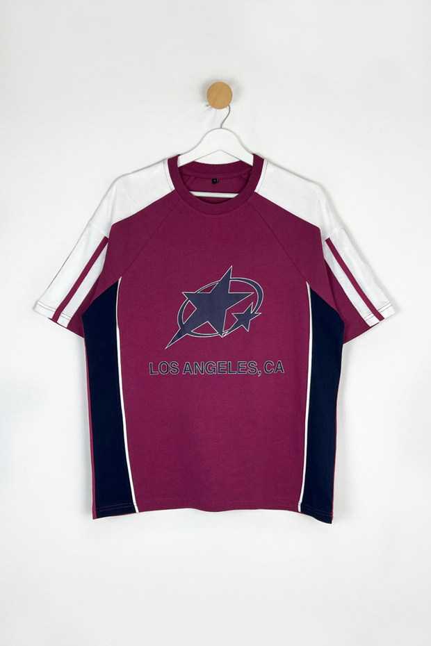 Bordo Kolej Oversize/Geniş Kesim %100 Pamuk Renk Bloklu T-Shirt TMNSS25TS00095 - 3