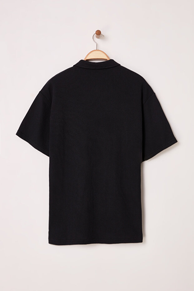 Siyah Oversize/Geniş Kesim Dokulu Fermuarlı Polo Yaka T-shirt - 7