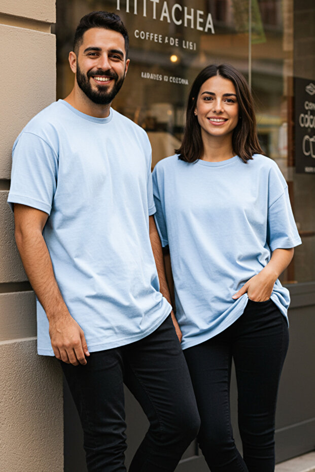 Açık Mavi Oversize/Geniş Kesim %100 Pamuklu Kısa Kollu Basic T-Shirt TMNSS22TS0318 - 4