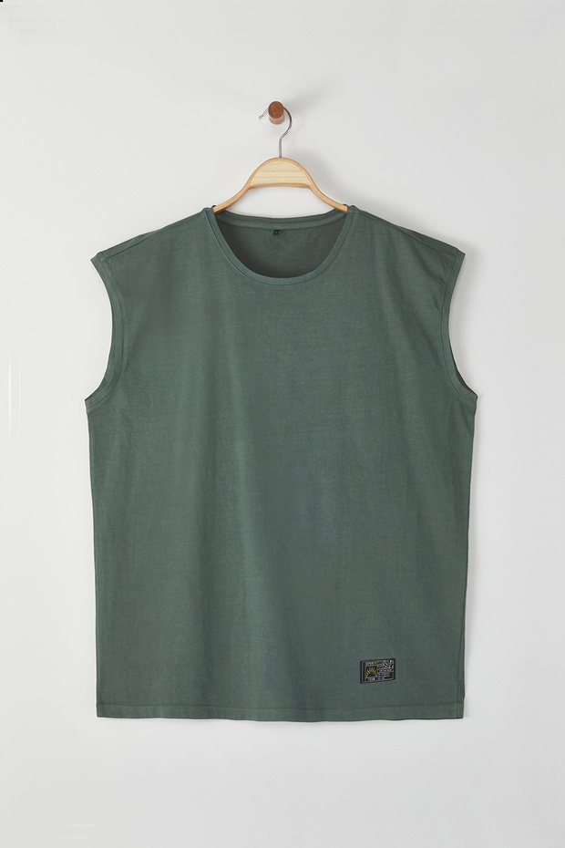 Yeşil Oversize/Geniş Kesim Eskitme/Soluk Efekt Etiket Detaylı T-Shirt/Atlet TMNSS25AL00001 - 2
