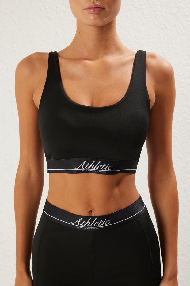 Siyah Sloganlı Lasitk Detaylı Destekli/Şekillendirici Kalın Askılı Örme Spor Sütyeni THMSS25SS00004 - 3