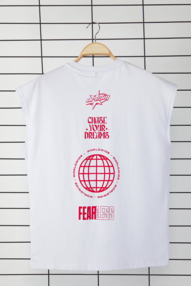Beyaz Oversize/Geniş Kesim %100 Pamuklu Baskılı T-Shirt TMNSS25AL00003 - 3