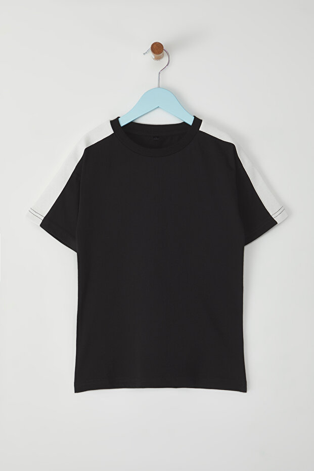 Siyah %100 Pamuk Renk Bloklu Regular/Normal Kalıp Kısa Kol Örme T-Shirt TKDSS25TS00065 - 2