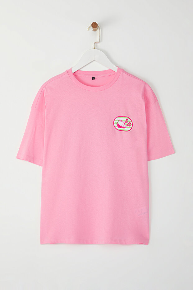 Açık Pembe %100 Pamuk Oversize/Geniş Kalıp Ön Arka Baskılı Örme T-Shirt TWOSS25TS00077 - 6