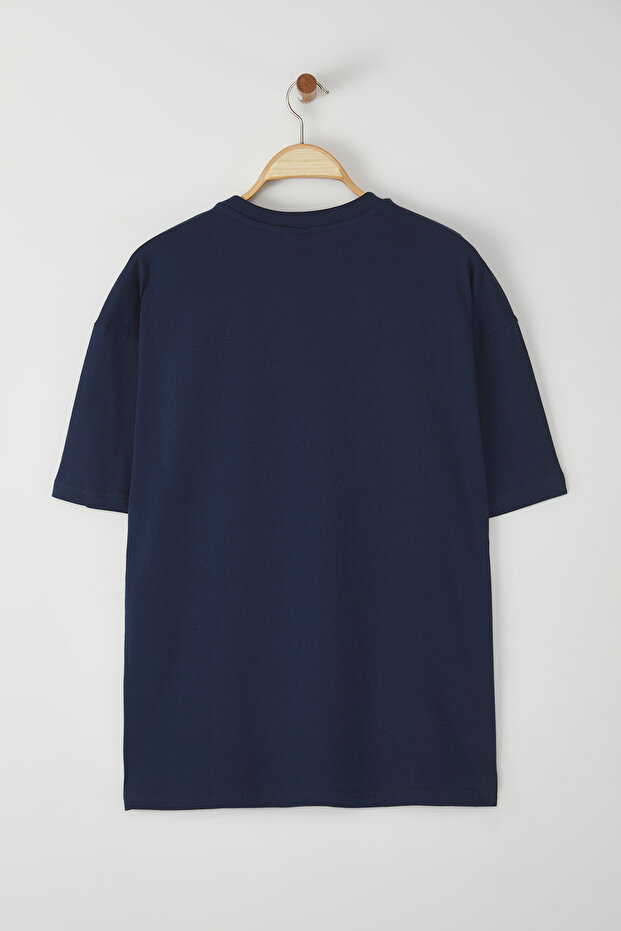 Lacivert Unisex Oversize/Geniş Kesim Ayıcık Baskılı %100 Pamuklu T-Shirt TMNSS25TS00158 - 4