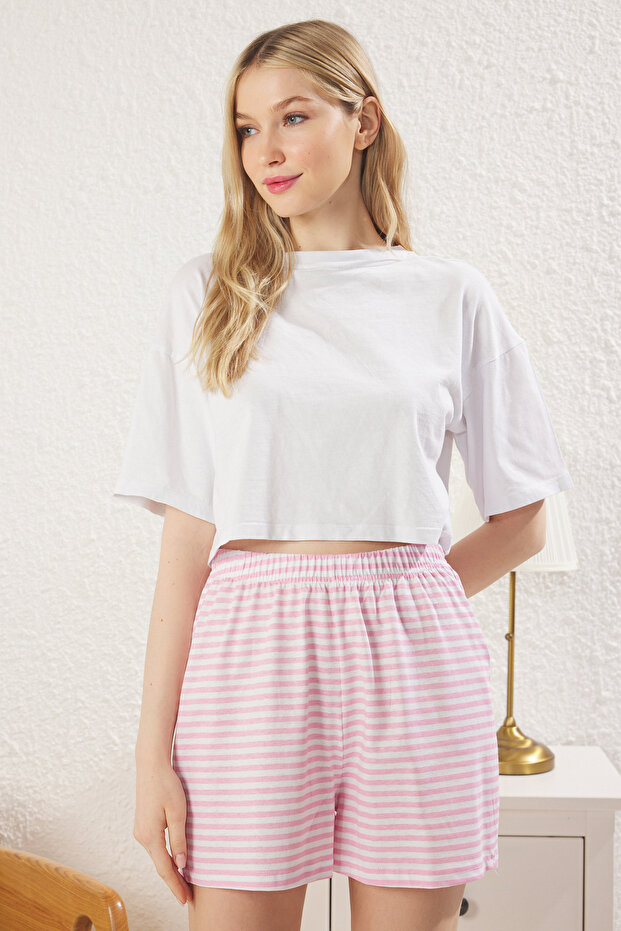 Pembe-Çok Renkli 3'lü Paket %100 Pamuklu Çiçekli ve Çizgili Örme Pijama Altı THMSS25PJ00014 - 4