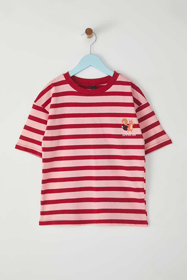 Bordo %100 Pamuk Unisex Çizgili Baskılı Oversize Kalıp Kısa Kol Örme T-Shirt TKDSS25TS00037 - 1