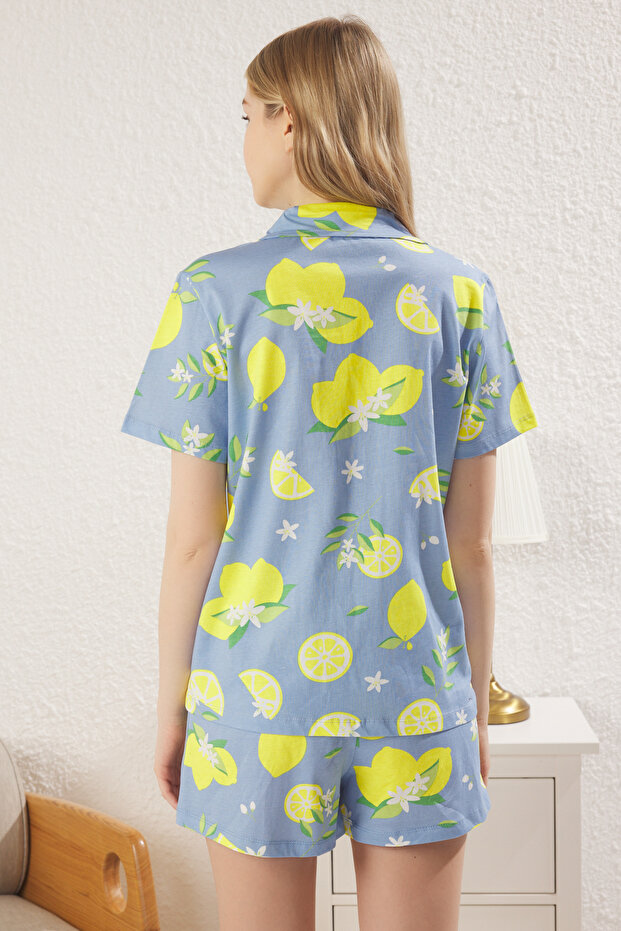 Mavi-Çok Renkli %100 Pamuklu Limon Desenli Şortlu Örme Pijama Takımı THMSS25PT00187 - 5
