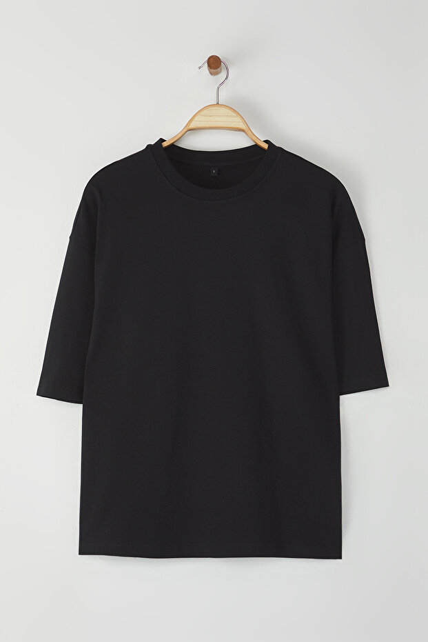 Siyah Loose/Düşük Omuz %100 Pamuklu Basic T-Shirt TMNSS25TS00162 - 4