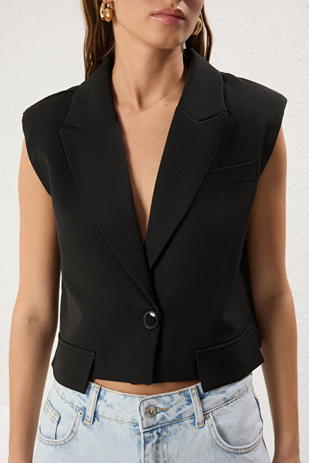 Siyah Oversize Crop Cep Detaylı Dokuma Yelek TWOSS25YE00065 - 3