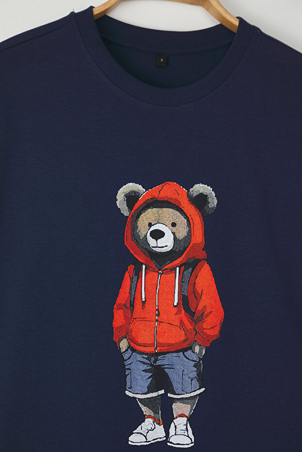 Lacivert Unisex Oversize/Geniş Kesim Ayıcık Baskılı %100 Pamuklu T-Shirt TMNSS25TS00158 - 6