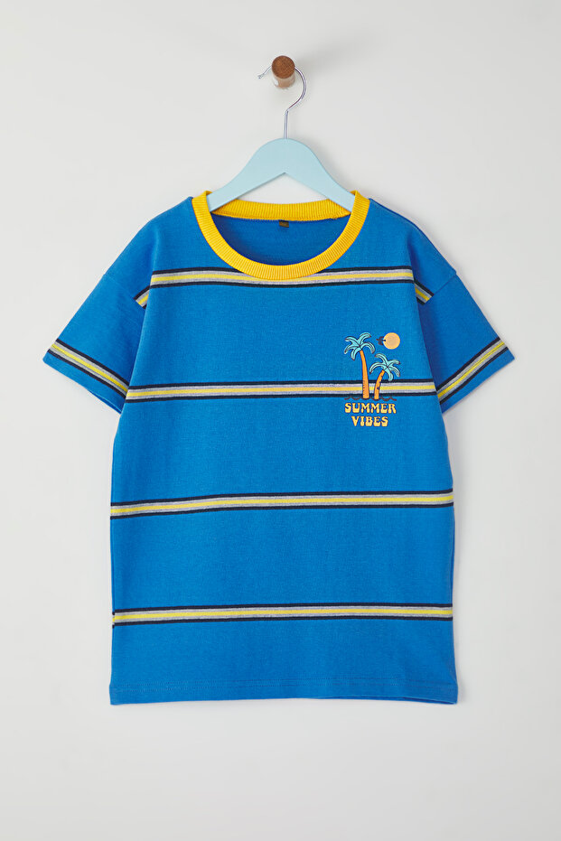 Mavi Pamuklu Çizgili Baskılı Regular/Normal Kalıp Kısa Kol Örme T-Shirt TKDSS25TS00063 - 3