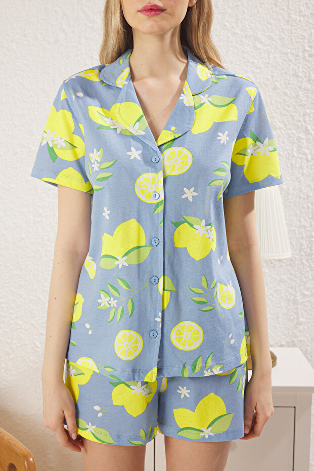 Mavi-Çok Renkli %100 Pamuklu Limon Desenli Şortlu Örme Pijama Takımı THMSS25PT00187 - 3