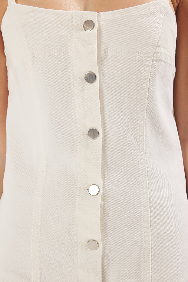 Beyaz Önden Düğmeli Dikiş Detaylı Mini Comfort/Esnek Denim Elbise TWOSS25EL00504 - 4