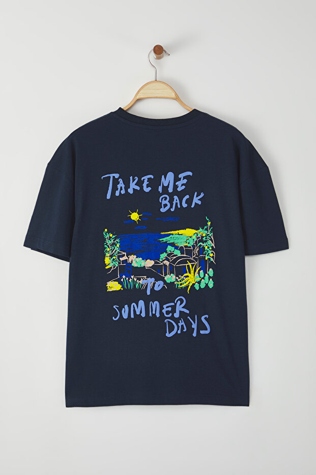 Lacivert 0versize/Geniş Kesim Yazı Baskılı %100 Pamuk T-Shirt TMNSS25TS00064 - 4