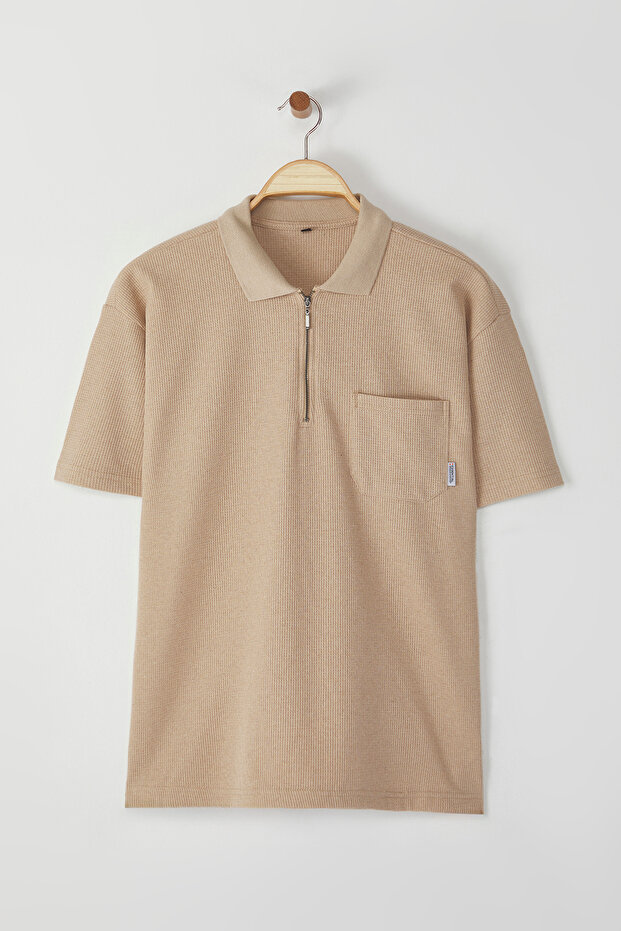 Bej Oversize/Geniş Kesim Cep Detaylı Dokulu Polo Yaka T-shirt - 3