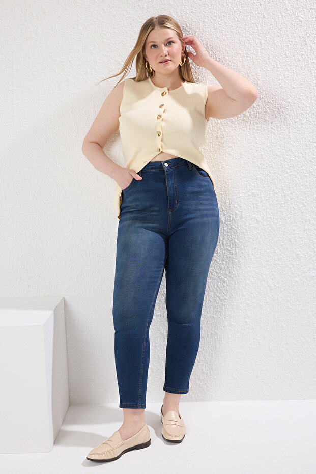 Mavi Yüksek Bel Dar Paça Esnek/Stretch Büyük Beden Skinny Jeans TBBAW23CJ00059 - 2