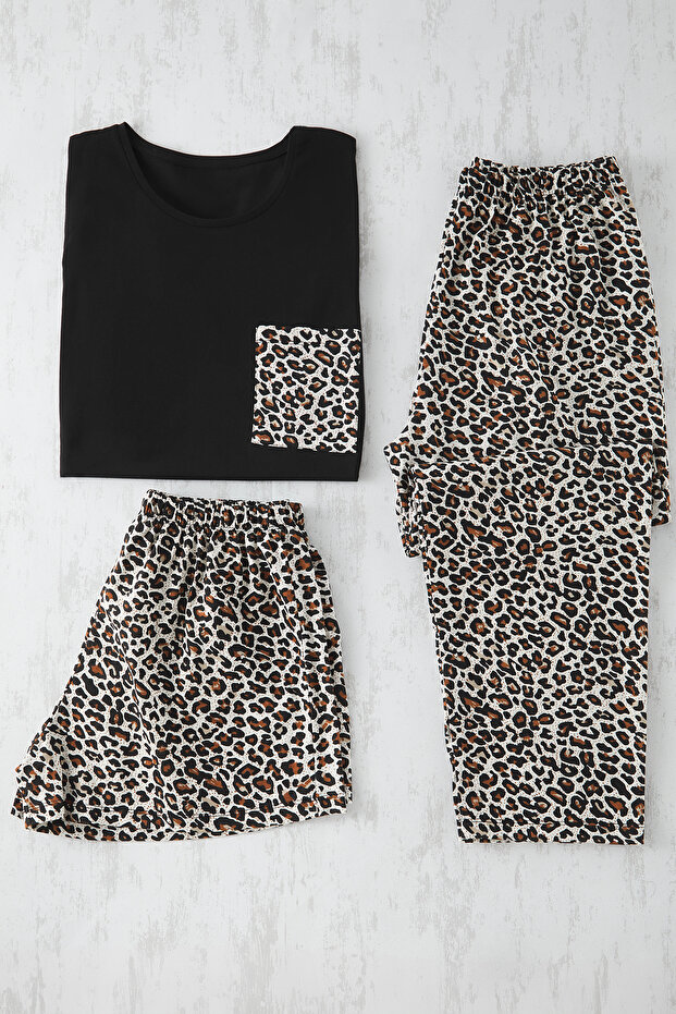 Zestaw piżamowy z nadrukiem w panterkę, 3 części, dzianinowy - Tbbss25Ai00092 - 6