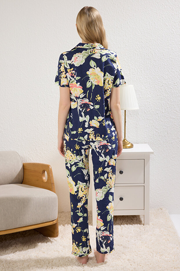 Lacivert %100 Pamuklu Çiçekli Örme Pijama Takımı THMSS20PT0063 - 5