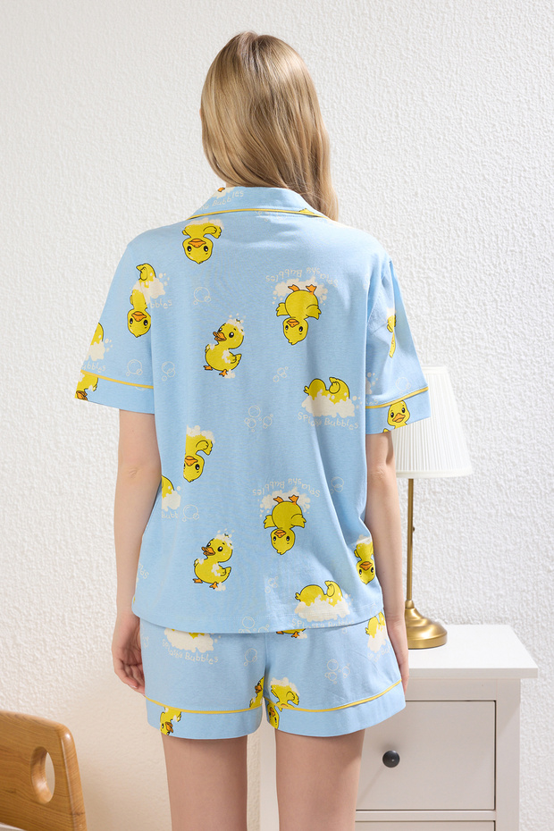 Mavi %100 Pamuklu Ördek Desenli Biyeli Şortlu Örme Pijama Takımı THMSS25PT00300 - 6