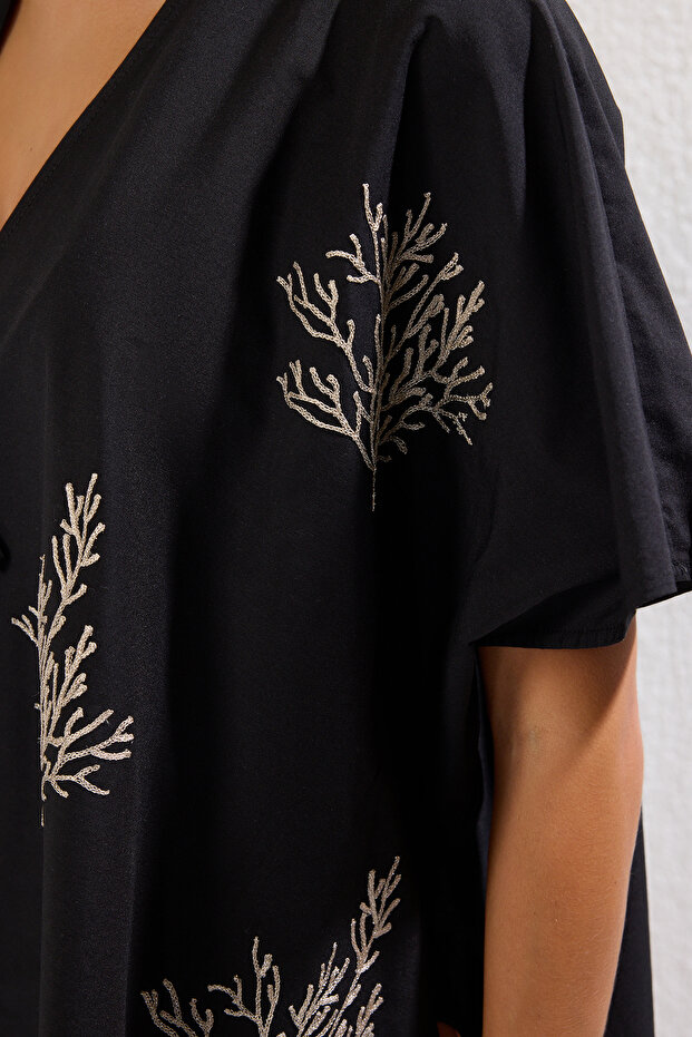 Siyah Dokuma Nakışlı Plaj Mini Kimono&Kaftan TBESS25KM00012 - 4