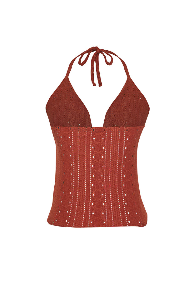 Kiremit Jakarlı Bağlama Detaylı Fitted/Vücuda Oturan Örme Bluz TWOSS25BZ00086 - 6