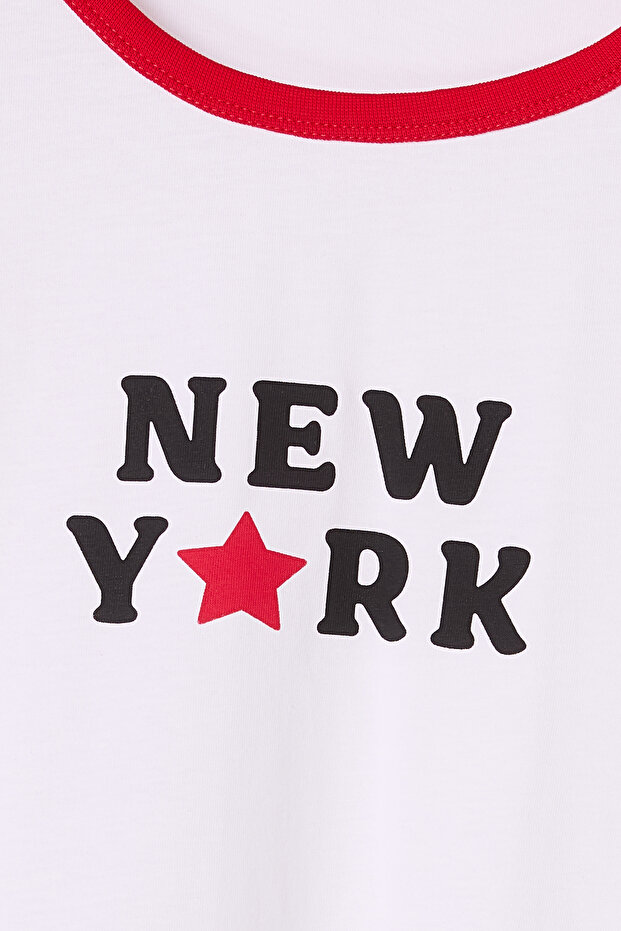 Beyaz Bisiklet Yaka Basic Fit New York Baskılı %100 Pamuk Büyük Beden Örme Tshirt TBBSS25BF00027 - 7