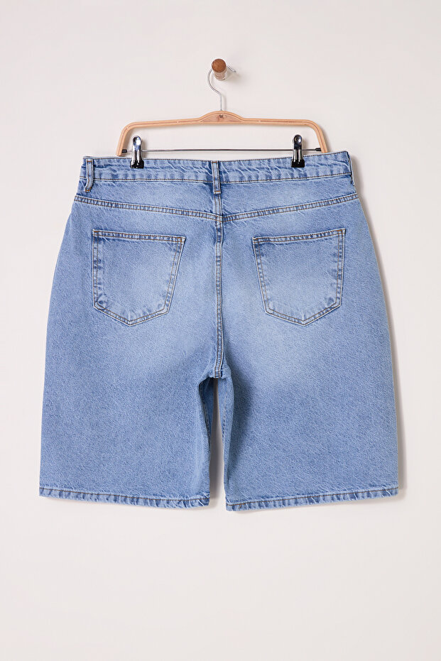 Açık Mavi Yüksel Bel Straight Fit %100 Pamuk Non-Stretch Denim Büyük Beden Şort TBBSS25AP00016 - 3