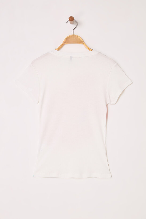 Ekru Çiçek Baskılı Fitted/Vücuda Oturan Örme T-Shirt TWOSS25TS00031 - 6