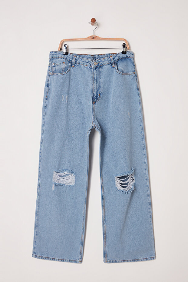 Buz Mavi Yüksek Bel Destroylu Geniş Paça/Wide Leg %100 Pamuk Non-Stretch Jeans TBBSS22JE00006 - 5