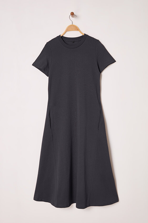 Antrasit Düz T-shirt Elbise Cep Midi Örme Elbise TWOSS24EL00169 - 5