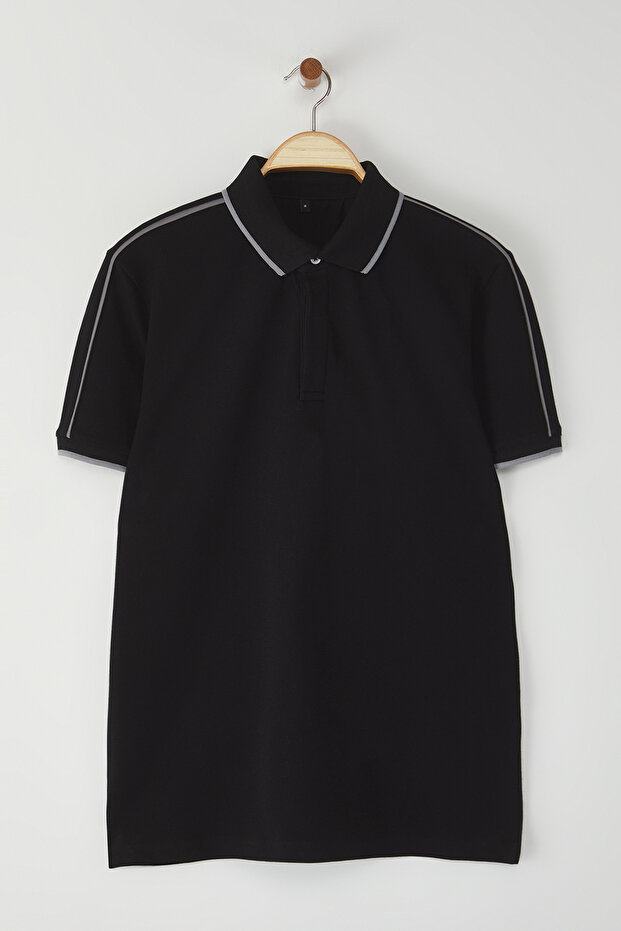 Siyah Regular/Normal Kesim Biyeli %100 Pamuk Polo Yaka T-shirt TMNSS25PO00015 - 3