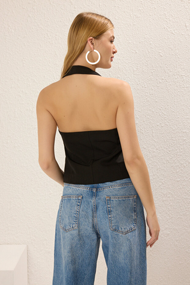 Siyah Regular Halter Yaka Tek Düğmeli Yelek TWOSS25YE00087 - 6