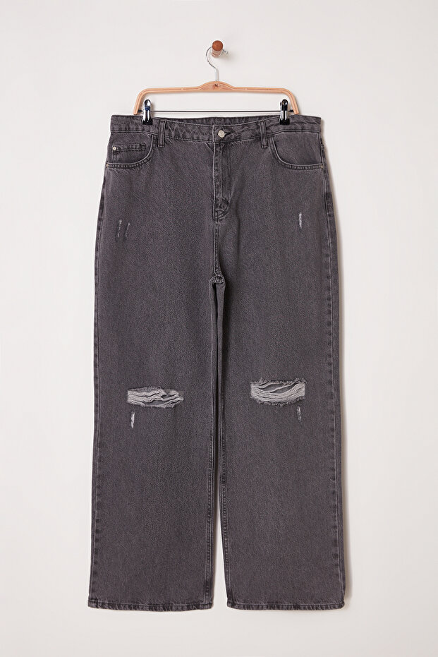 Gri Yüksek Bel Destroylu Geniş Paça/Wide Leg %100 Pamuk Non-Stretch Jeans TBBSS22JE00006 - 5