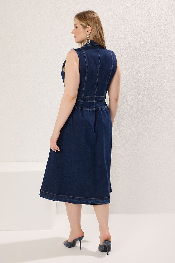 Koyu Mavi Cekey Yaka A-line Denim Büyük Beden Elbise TBBSS25AH00118 - 4
